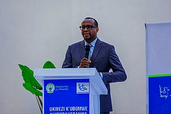 Minister Dr Jean Damascene Bizimana speaks during the Forum of Unity and Resilience at University of Rwanda’s Huye Campus on Tuesday, October 13.